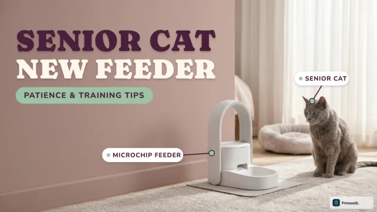 White microchip pet feeder on a mat in a bedroom with a grey senior cat sitting nearby, against a dusty rose wall