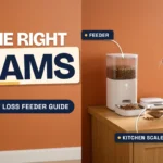 White automatic pet feeder next to a kitchen scale and a scoop of kibble on an oak counter, with a slim tabby cat looking up, against a terracotta wall