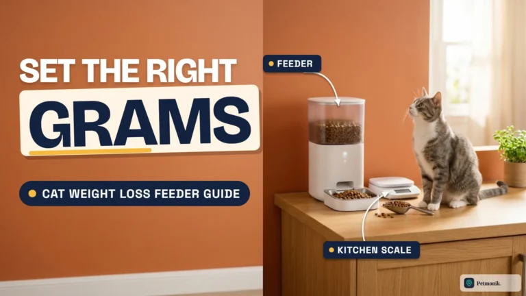 White automatic pet feeder next to a kitchen scale and a scoop of kibble on an oak counter, with a slim tabby cat looking up, against a terracotta wall