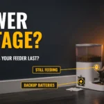 White smart pet feeder with an open battery compartment and glowing status light during a power outage, with a grey cat eating beside a lit lantern
