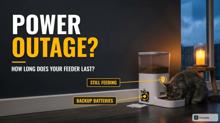 White smart pet feeder with an open battery compartment and glowing status light during a power outage, with a grey cat eating beside a lit lantern