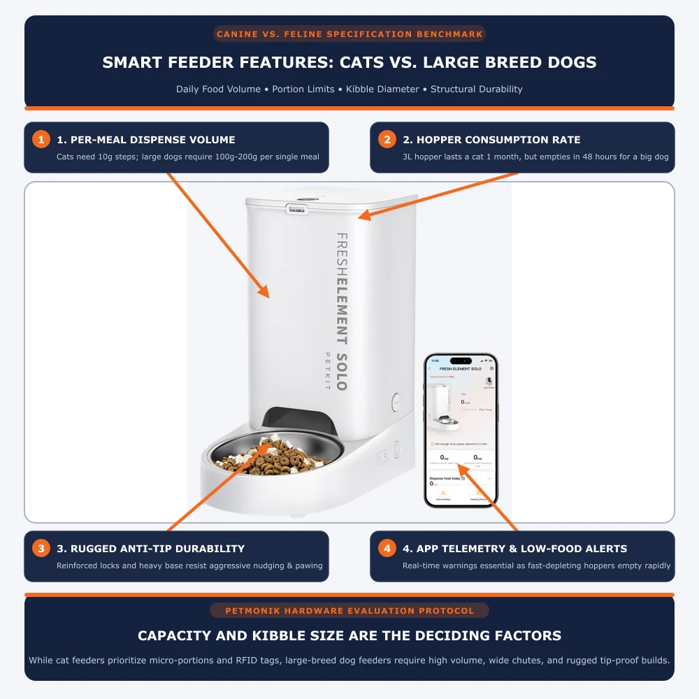 Comparative specification matrix for smart feeders contrasting feline and large canine requirements across portion volume, hopper capacity, durability, and alerts