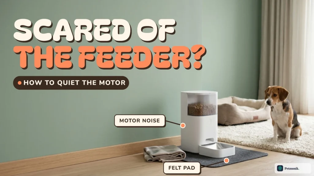 White smart pet feeder on a felt pad with a beagle sitting at a distance on a rug, against a sage green wall