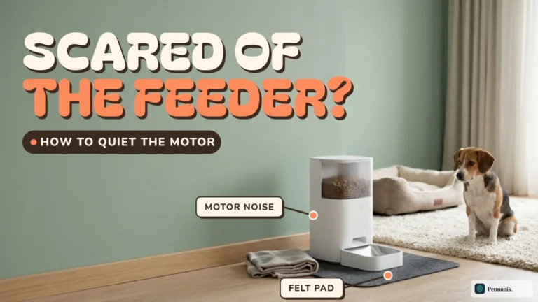 White smart pet feeder on a felt pad with a beagle sitting at a distance on a rug, against a sage green wall