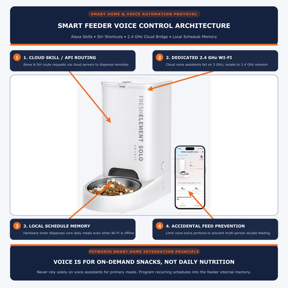 Technical diagram illustrating smart feeder voice control architecture showing Alexa cloud skill routing, Siri Shortcuts integration, 2.4 GHz Wi-Fi requirements, and local hardware schedule memory