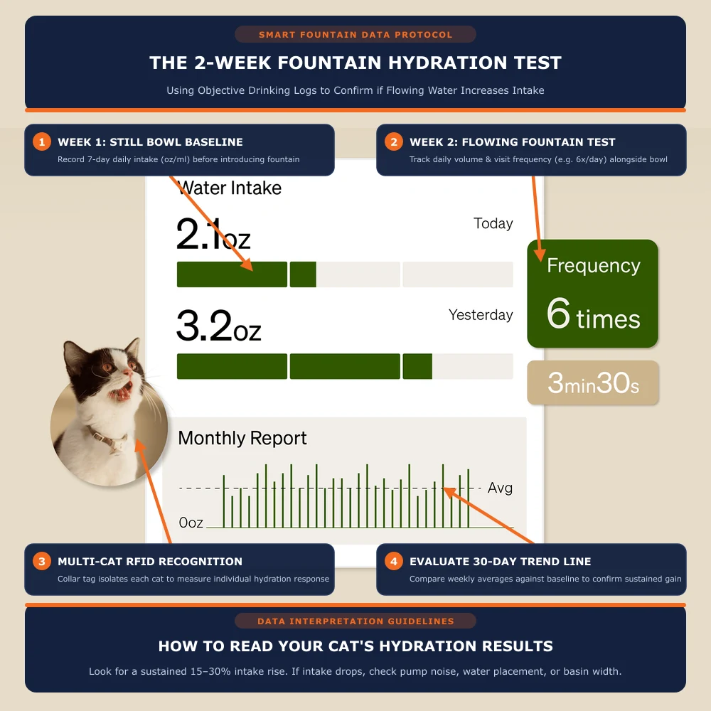 Smart pet fountain hydration app dashboard displaying daily water intake volume, visit frequency, RFID collar tag recognition, and 30-day monthly intake trend log