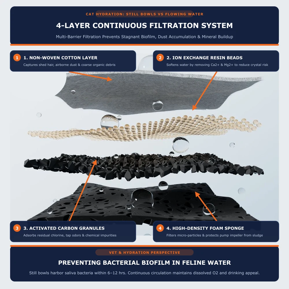 Exploded diagram of PETLIBRO Dockstream 4-stage smart water fountain filtration showing non-woven cotton layer, ion exchange resin beads, activated carbon, and high-density foam sponge