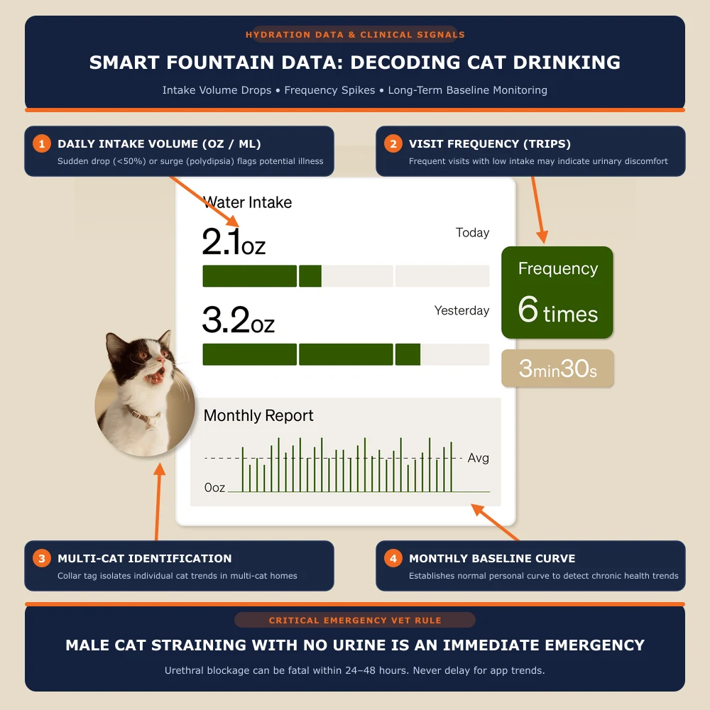 Smart pet fountain app dashboard interface showing daily cat water intake volume, visit frequency, session duration, and monthly baseline report for urinary tracking