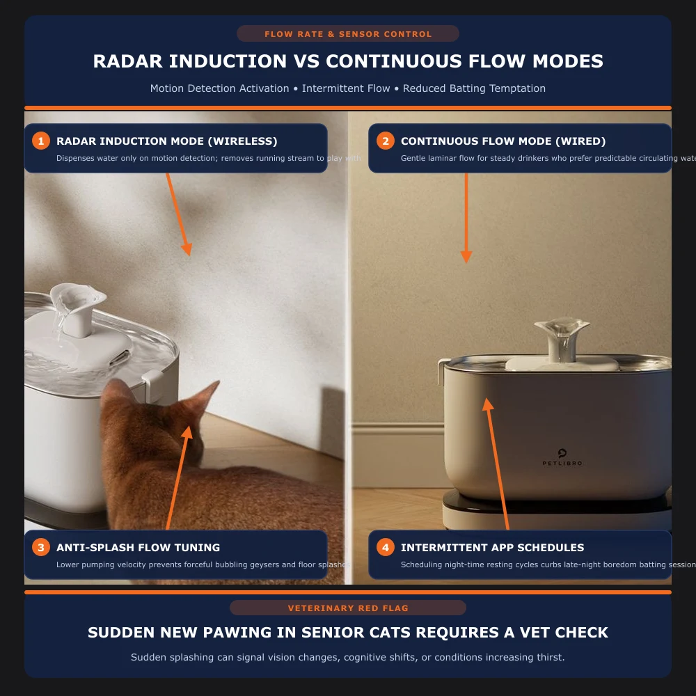 Side-by-side comparison of PETLIBRO Dockstream smart fountain showing wireless radar induction motion mode versus wired continuous flow mode to prevent cat splashing