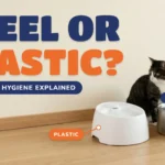 White plastic and stainless steel pet water fountains side by side on a wood floor with a tabby and white cat between them, against a cream wall