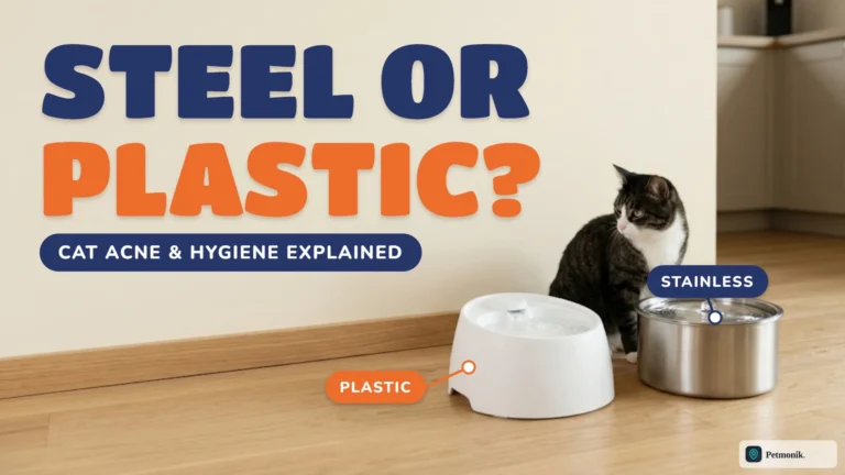 White plastic and stainless steel pet water fountains side by side on a wood floor with a tabby and white cat between them, against a cream wall