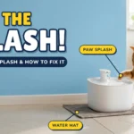 Ginger cat pawing water out of a white pet fountain on a grey mat on a tiled floor with water droplets in the air, against a sky-blue wall