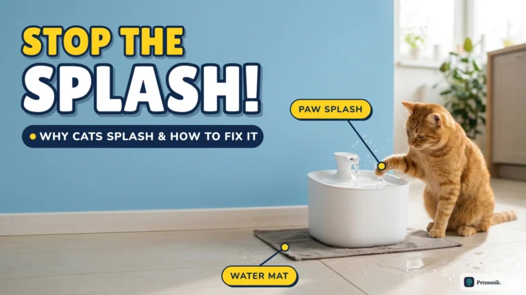 Ginger cat pawing water out of a white pet fountain on a grey mat on a tiled floor with water droplets in the air, against a sky-blue wall