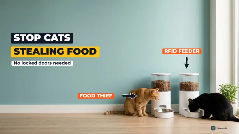 Ginger cat eyeing the food bowl of a black cat eating at a second white automatic feeder, two feeders side by side against a teal wall