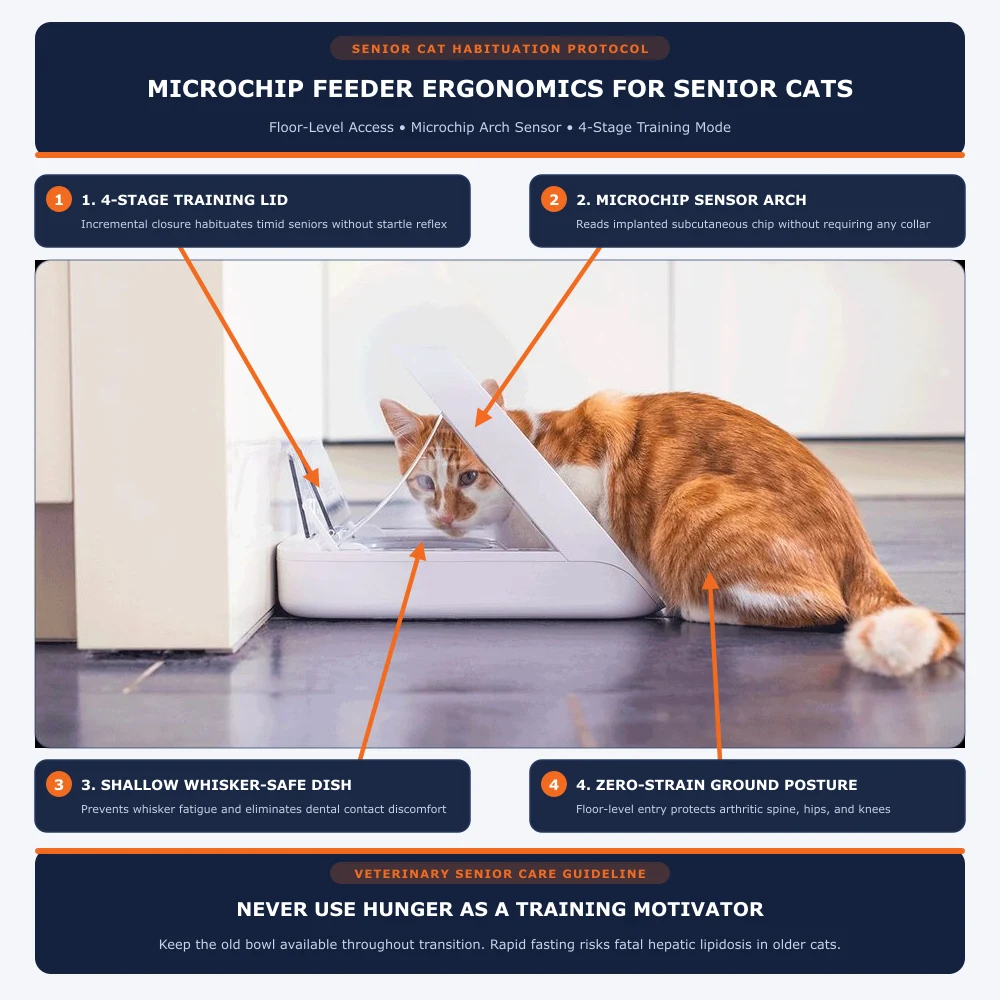 Senior cat feeding comfortably from a SureFeed microchip pet feeder at floor level showing microchip scanner arch, motorized training lid, and shallow whisker-safe bowl
