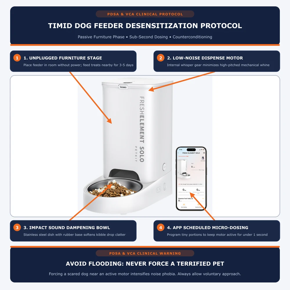 Step-by-step timid dog automatic feeder desensitization protocol showing unplugged furniture habituation, whisper gear motor, impact sound dampening bowl, and app scheduled micro-dosing