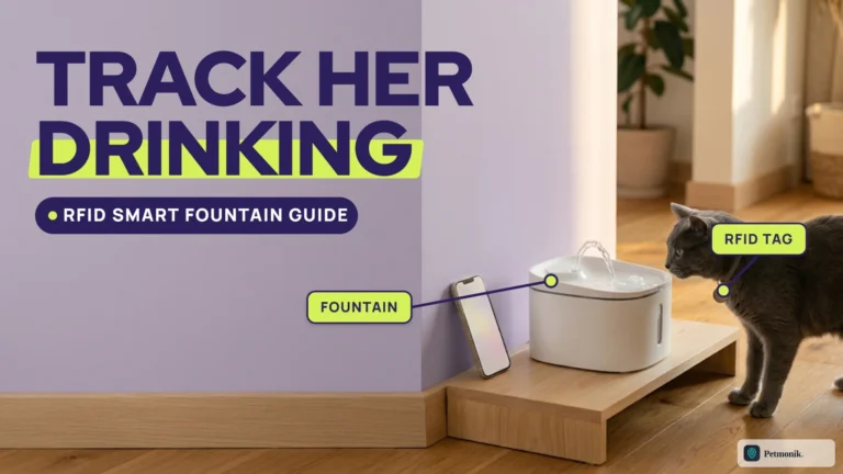 Grey cat wearing a collar tag approaching a white smart pet water fountain on a wooden riser with a smartphone beside it, against a lavender wall