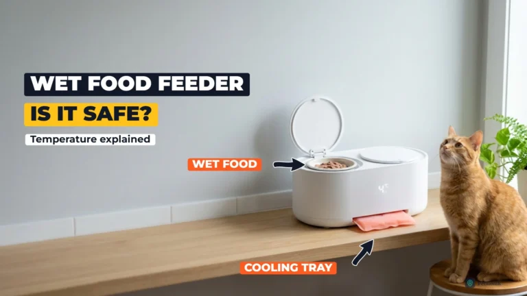 White wet food automatic feeder with an open food dish and a coral cooling ice pack, with a ginger cat looking up at it from a stool