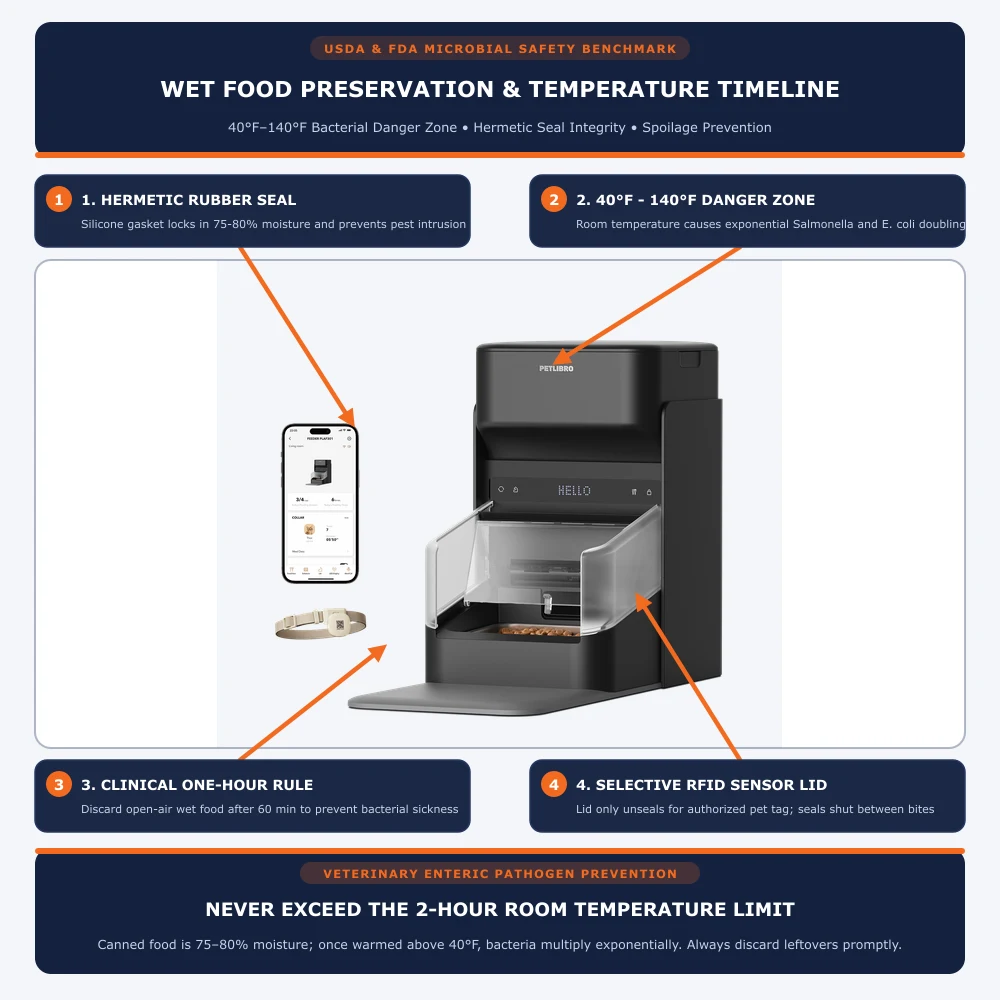 Veterinary wet food safety timeline illustrating 40F to 140F bacterial danger zone, hermetic rubber seal preservation, and 1-hour open bowl discard rule