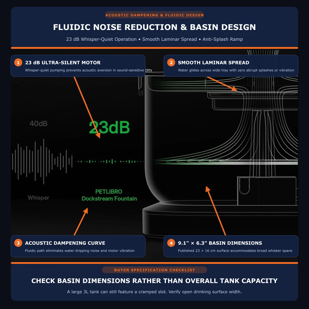 Technical cutaway diagram of PETLIBRO Dockstream fountain fluidic structure showing 23 decibel noise reduction, smooth laminar flow, and 9.1 by 6.3 inch basin dimensions
